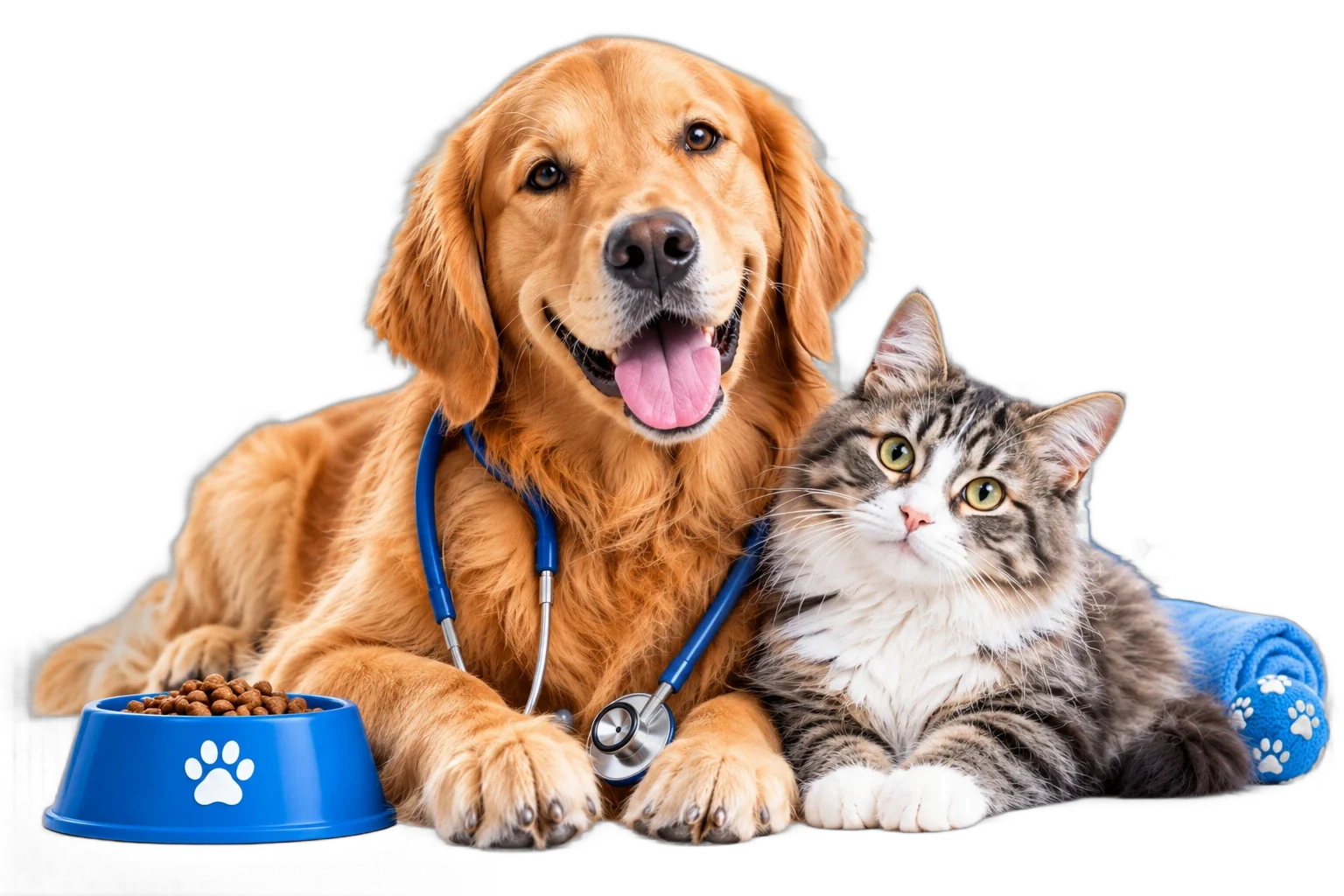 A golden retriever wearing a stethoscope beside a tabby cat